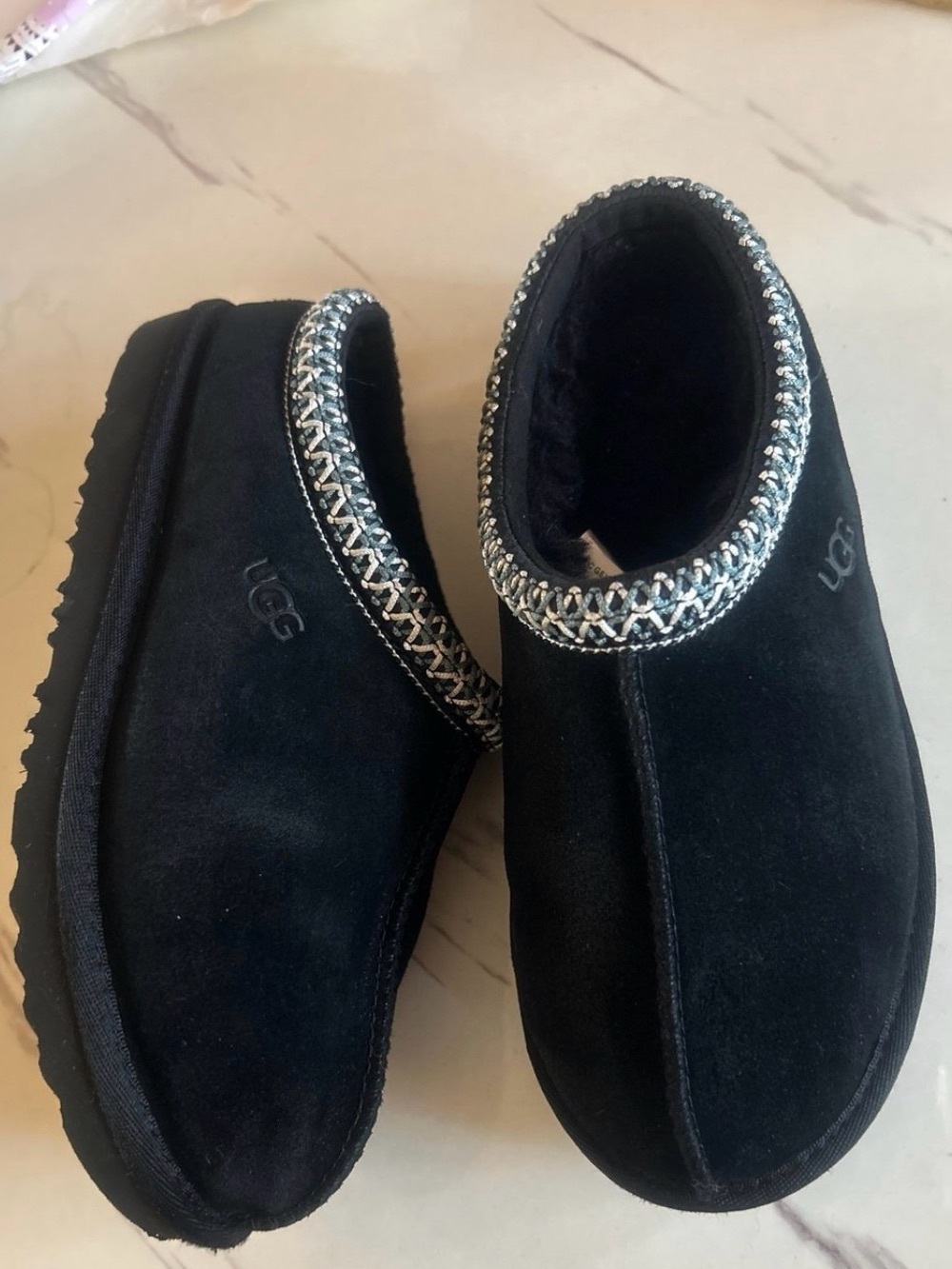 UGG Black Suede Slip-On Mules with Silver Braided Trim